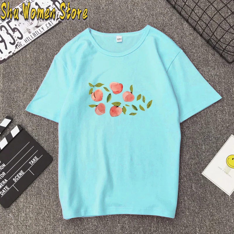 Меда и персика напечатаны случайные свободные хлопковые футболки с коротким