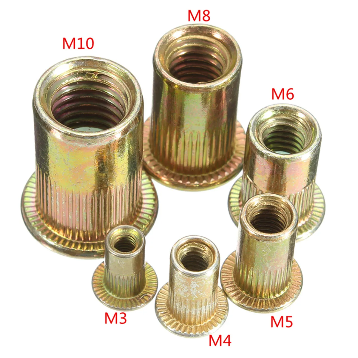 

10PCS/set Carbon Steel Rivet Nuts M3 M4 M5 M6 M8 M10 Multi Size Flat Head Rivet Nuts Set Nuts Insert Rivet Tool