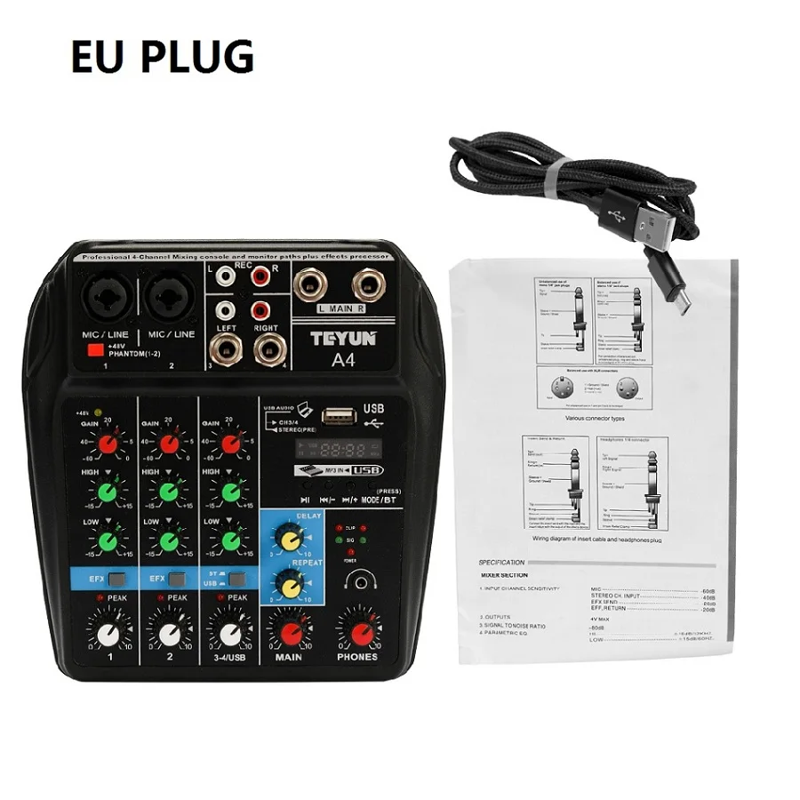 TU04 BT 4 канала звук микшерный пульт запись 48 В Phantom power Monitor AUX дорожки плюс эффекты аудио микшер с USB - Цвет: EU Plug