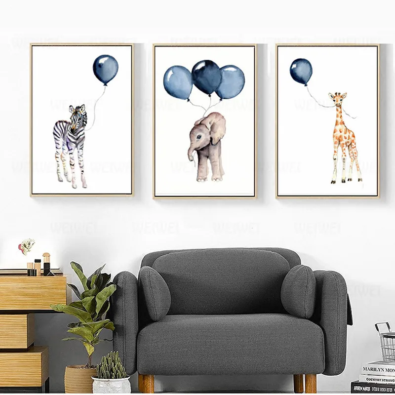 Скандинавский мультфильм дети животные холст картины детский синий шар