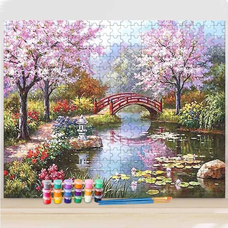 GATYZTORY DIY Painting By Numbers Jigsaw Puzzle Cherry Blossom Garden Drawing Landscape Handpainted On Canvas Gift Home Wall Art