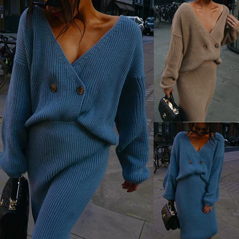 

Deep V-neck Sweater Dress Suit Blue Pink Fashion Knitted Dress Elegant Autumn Spring Two Piece Dress Set Club Party Wear