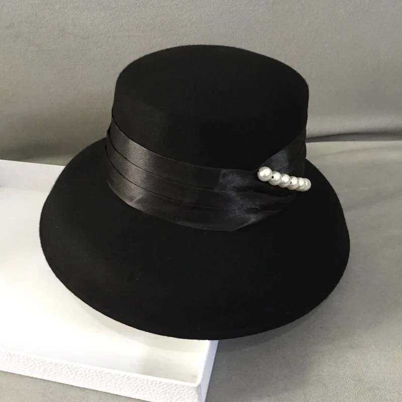 

Black Women Winter Hat Elegant Pearls Band Wool Hat Cloche Bucket Hat Crushable Lady Wedding Dress Derby Church Party Fedora Hat