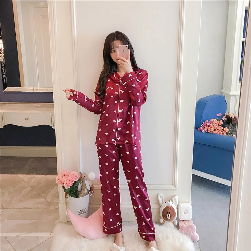 Spring Autumn New Pajamas Women's Suit Long-Sleeved 2-Piece Set Faxu Silk Turn-down Collar Leisure Women Pijamas Loungewear