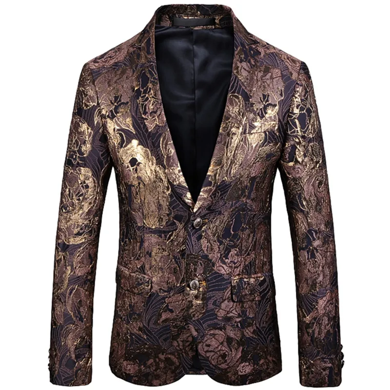 

Luxo masculino blazer ouro floral imprimir moda festa de formatura casamento estágio casaco fino ajuste terno jaqueta plus size