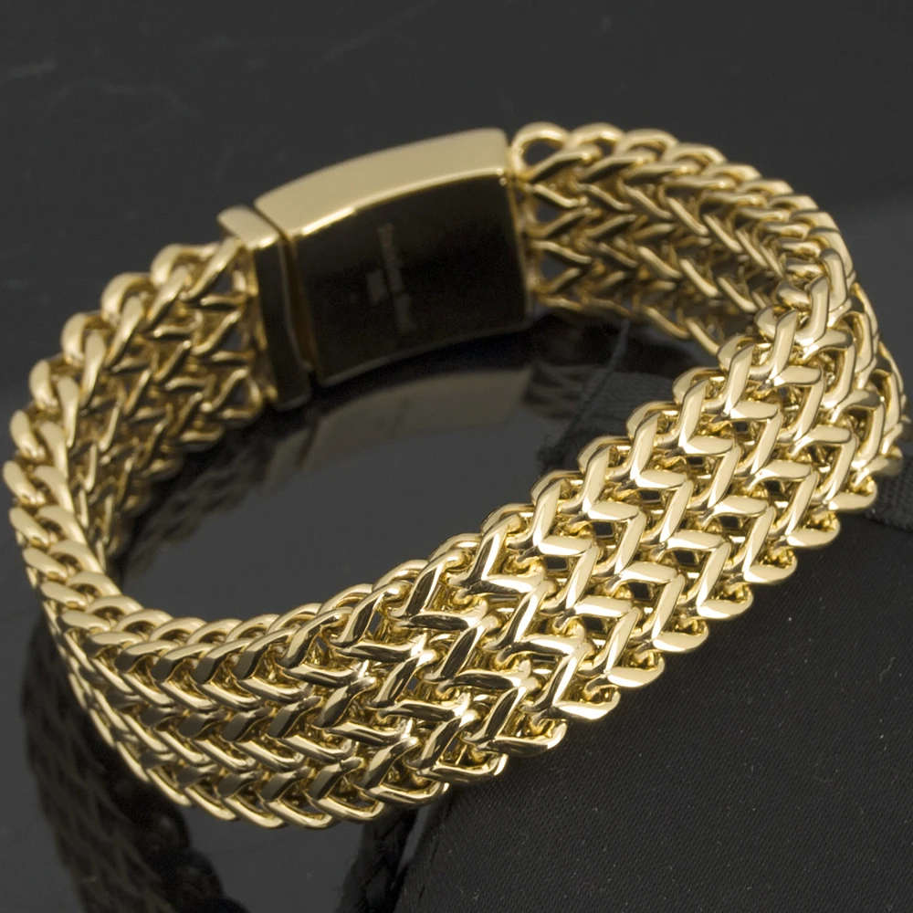 Роскошный браслет желтого золота для мужчин, ширина 18 мм, мужские браслетыиз нержавеющей стали, металлические ювелирные изделия, подарки для парня
