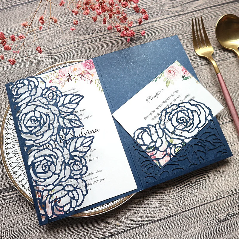 

(100 pieces/lot) Laser Cut RoseTri-Fold Navy Wedding Invitations Personalized XV Quinceanera Birthday Greeting RSVP Card IC154