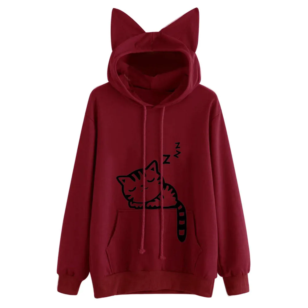 JAYCOSIN Женская толстовка с принтом Kawaii розовая зимняя рисунком кота длинным