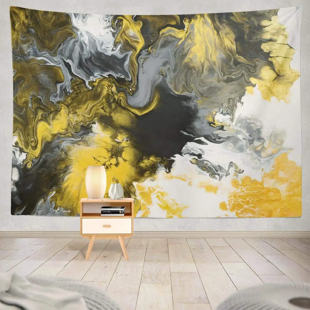 Grey and Yellow Art Decorative Tapestry Black White with Gold Marble Abstract Acrylic Wall Hanging | Дом и сад