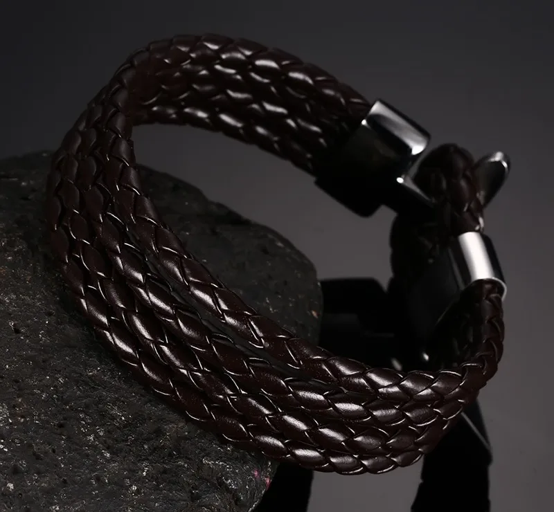 

FXM E3 stainless steel bangle hot sell popular bracelet man single steel brown leather material bracelet 18cm
