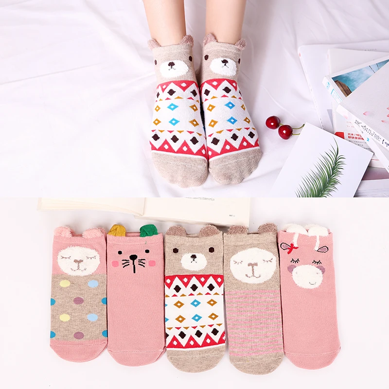 

LJIQQ 5 pairs women short socks cute kittens perspective Socks cartoon kawaii breathable ear socks pink invisible lovely socks