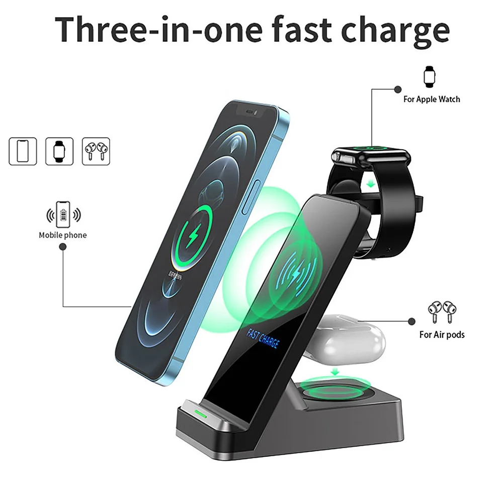 

Qi 15W Fast Charge 3 In 1 Wireless Charger Station For iPhone 12 11 Pro Charger Dock Stand For Apple Watch 6 5 4 3 Airpods Pro