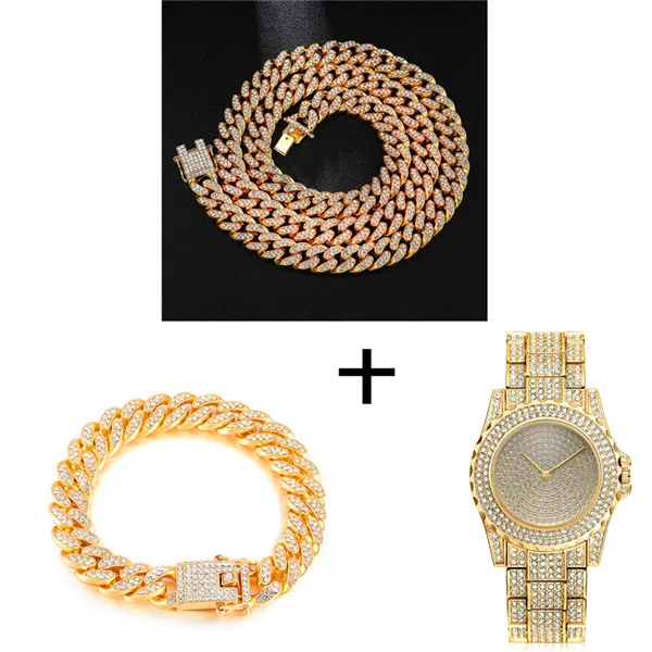 watch Chain Bracelet Ожерелье в стиле хип-хоп+ часы+ браслет, полностью вымощенные стразы, кубинская цепочка в стиле кантри, золото, CZ, побрякушка для Мужчин, Ювелирные изделия - Окраска металла: watch Chain Bracelet