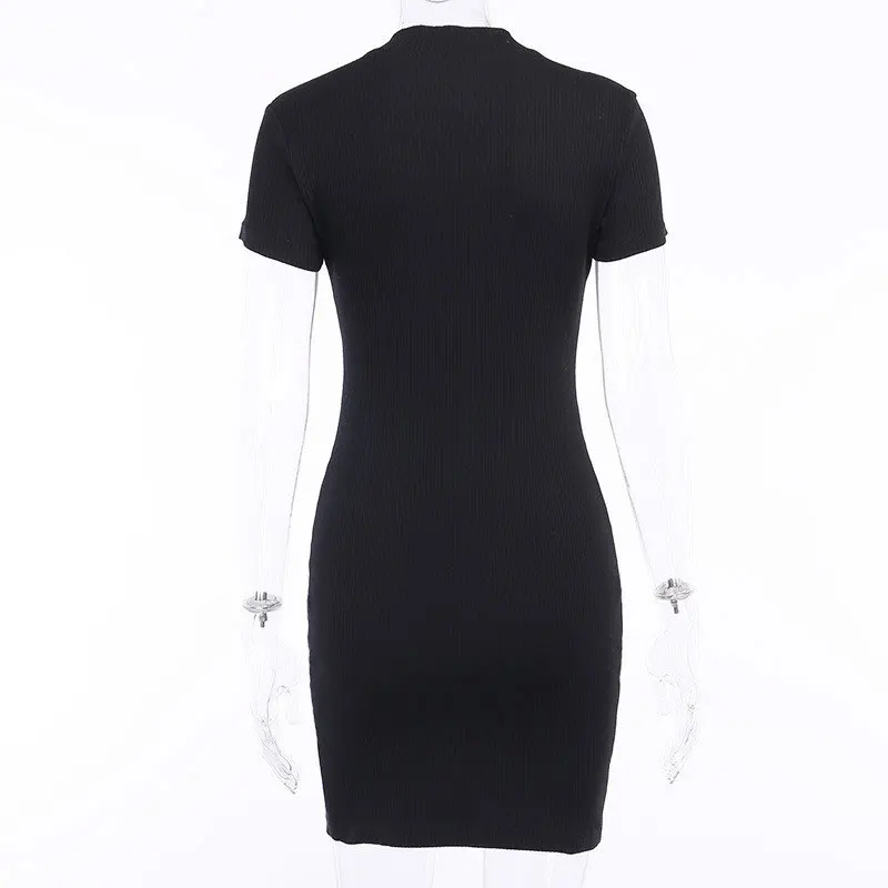 

HITOM PRINCESS Ribbed Skinny Bodycon Dress Women Summer Short Sleeve MIni Dress Zipper Sexy Slim Solid Club Party Dress Vestidos