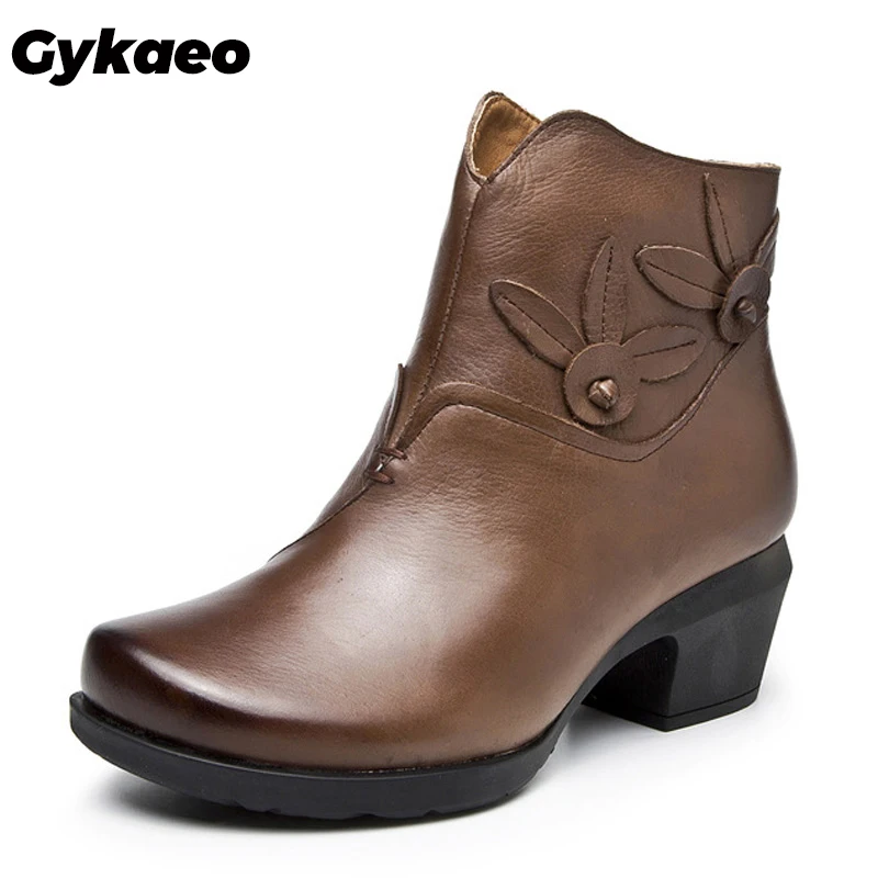 

Классические короткие сапоги Gykaeo в английском стиле с цветочным принтом, женские ботильоны из натуральной кожи для женщин, зимние женские с...