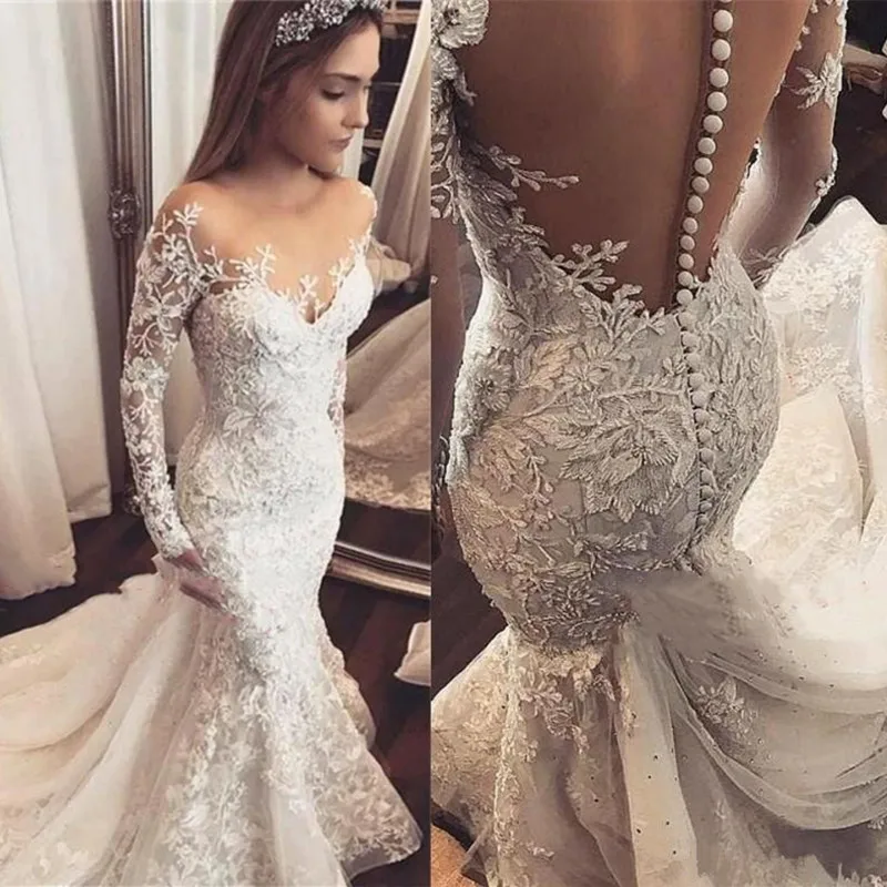 

vestido novia Sexy Mermaid Wedding Dress Long Sleeves White Ivory Lace Applique Wedding Gowns Open Back Bride Wedding Dress