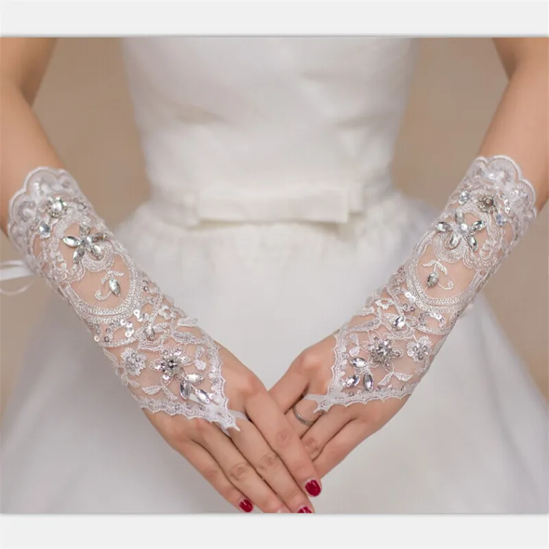 

White Crystal Glove Accessory Rhinestone Lace fingerless gloves,