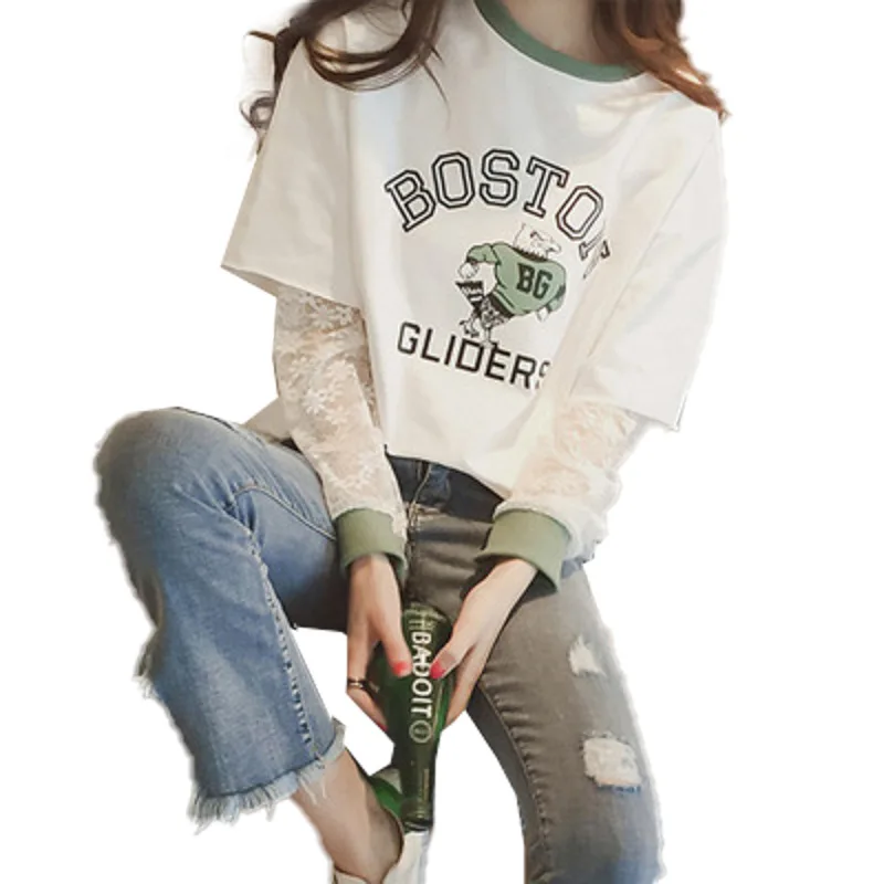 

Spring Autumn Women Letter Print T Shirt Female Casual Tshirt Harajuku Loose Lace Patchwork Female T-Shirt Streetwear White Tops