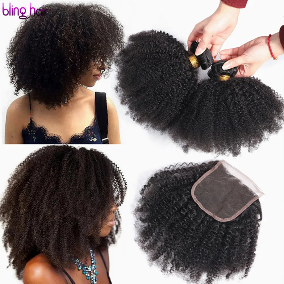 

bling hair Afro Kinky Curly Bundles with Closure Human Hair Bundles with 4x4 Lace Closure Brazilian Remy Extension Natural Color