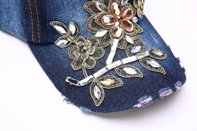 Women's Baseball Cap Diamond Painting Embroidery Flower Denim Snapback Hats Jeans Woman Female Cap Cowboy Summer Sun Hat