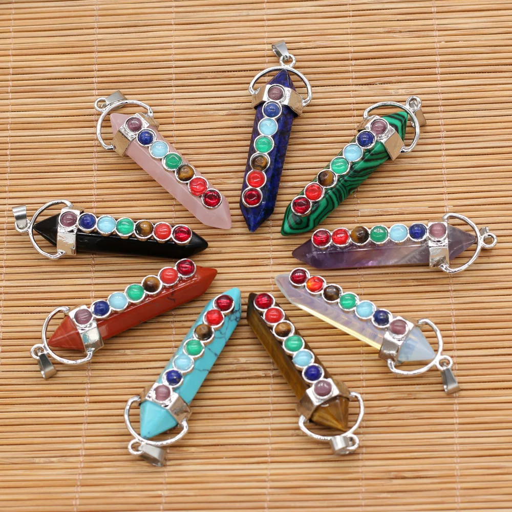 

Wholesale10PCS Natural Stone Metal Alloy Crystal Column Shape Seven Chakra Aura Healing Pendant Making Necklace Earrings Jewelry