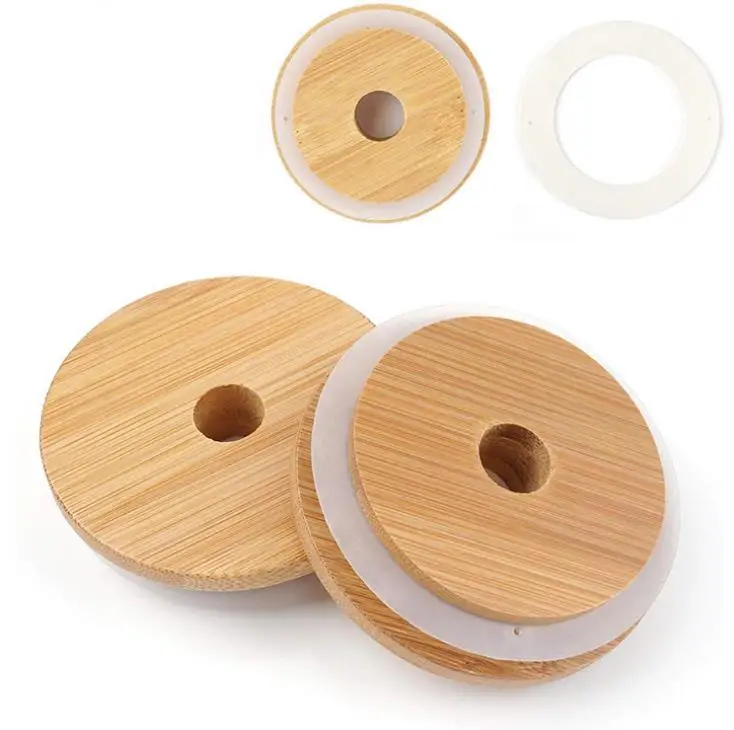 

70mm/86mm Mason Lids Reusable Bamboo Caps Lids with Straw Hole and Silicone Seal for Mason Jars Drinking Jars Lid SN3200