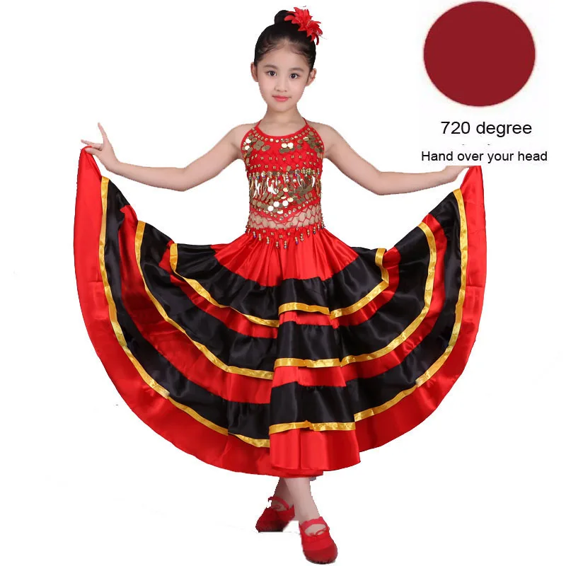 Color1 720degree Высококачественная сатиновая Мягкая красная черная юбка для девочек-подростков, испанское фламенко, полосатая шикарная одежда для бальных танцев, сценическое платье - Цвет: Color1 720degree