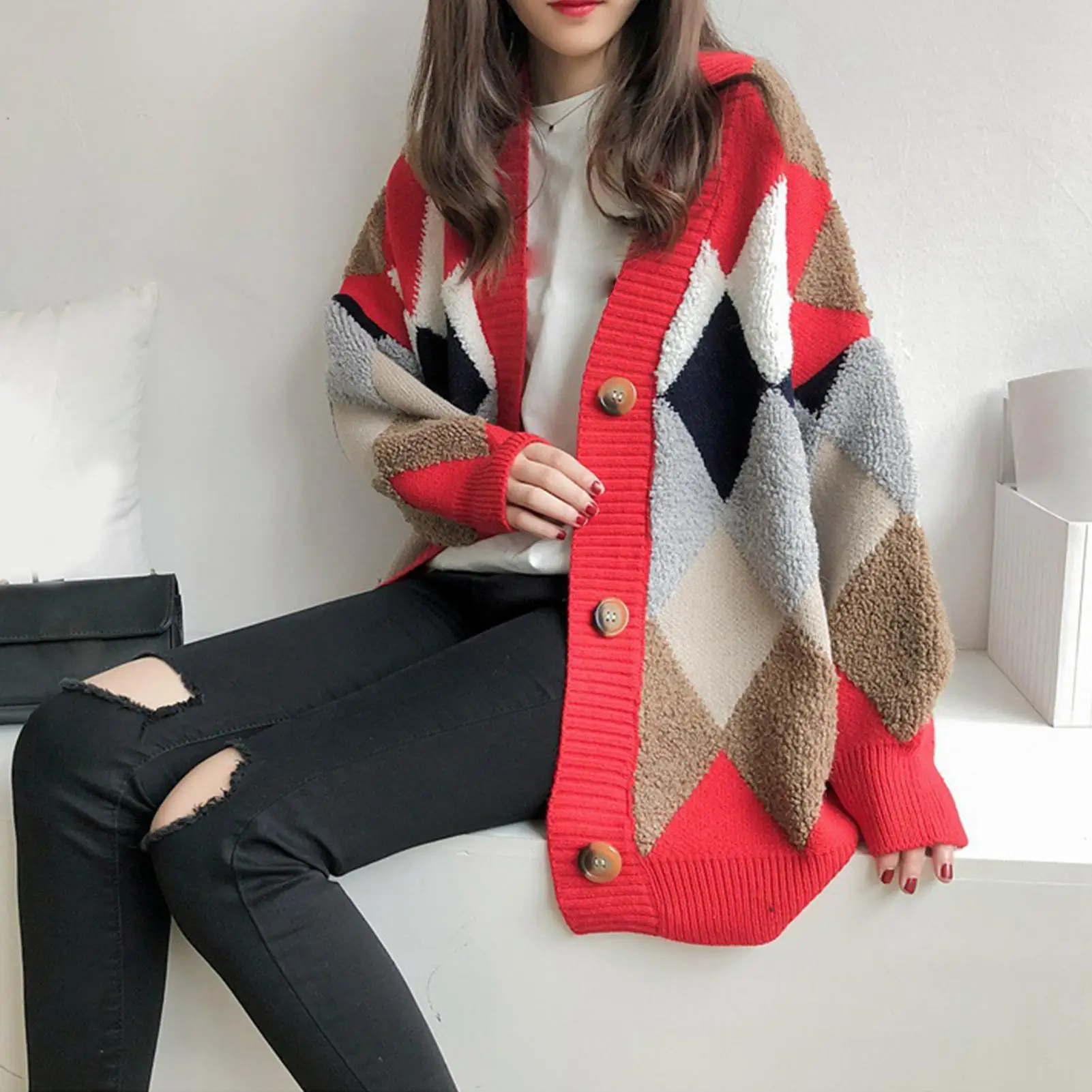 

Женский плотный кардиган на пуговицах, трикотажный свитер с длинным рукавом и ромбовидным узором, модель 2020 на осень и зиму