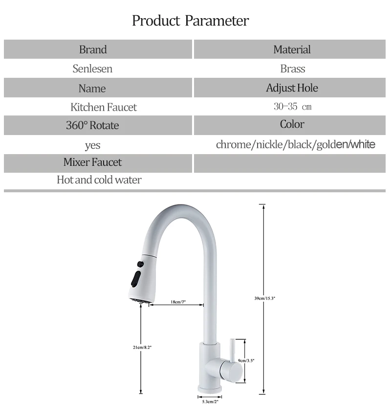 Senlesen White Kitchen Faucet Pull Out Kitchen Tap Two Water Outlet Modes Single Handle Deck Mounted Water Mixer Taps round kitchen sink