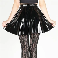 sexy women shiny gothic flared pleated skirt wetlook latex pu faux leather a line ruffled mini skirt club stage wear high wear