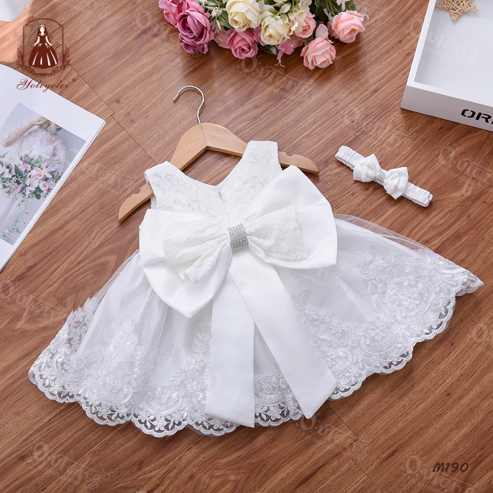

Yoliyolei 2pcs/set White Baby Girls Dress Formal Baptism Cute Clothes with Hat Party Embroidery Bow Kids Princess Baby Dresses