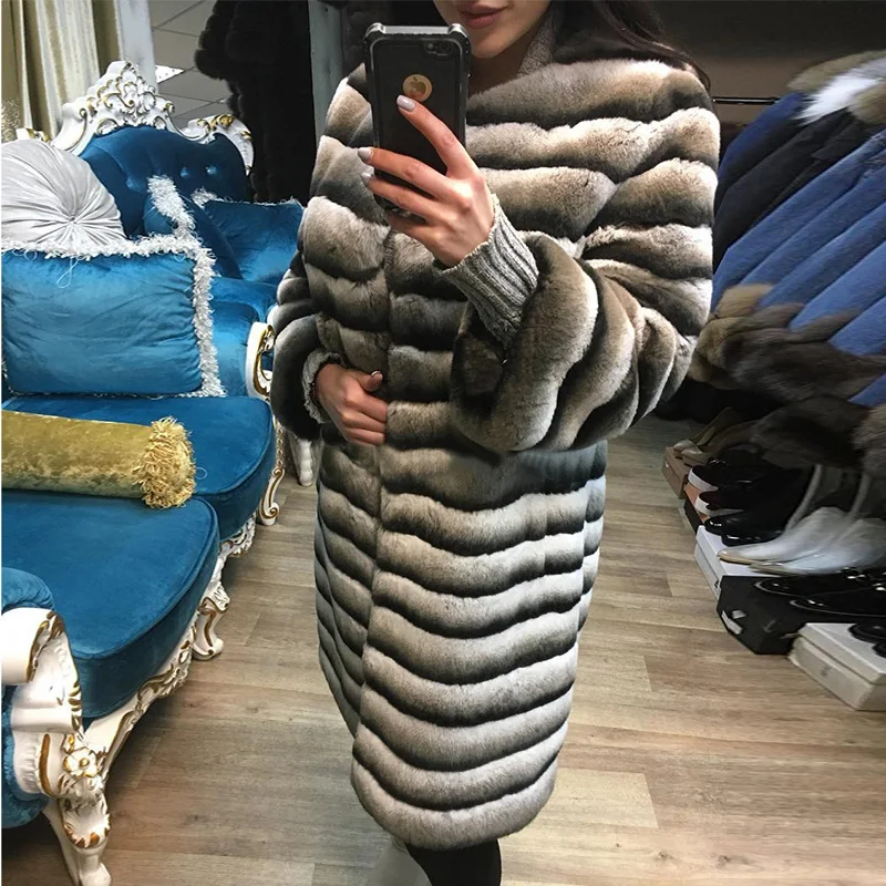 90cm Long Real Chinchilla Color Rex Rabbit Fur Coat O-neck Luxury Women Winter Fashion Genuine Rex Rabbit Fur Coats Full Pelt