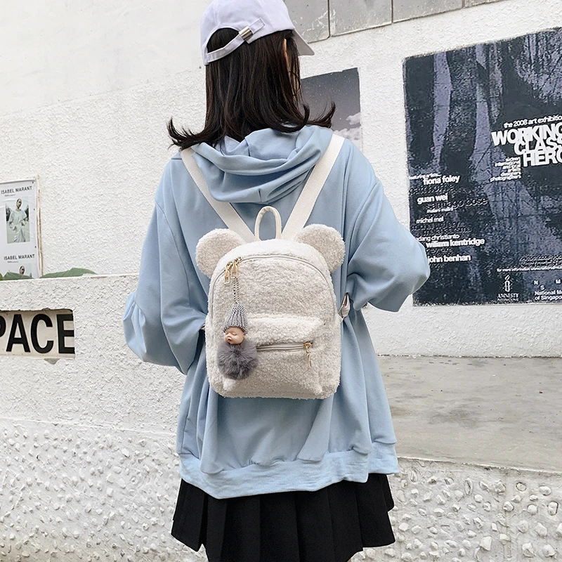 

Solid Color Bear Ears Furry Backpack For Girls 2021 Autum/Winter New Kawaii Backpack Plush Cute Faux Fur Women Shoulders Bag