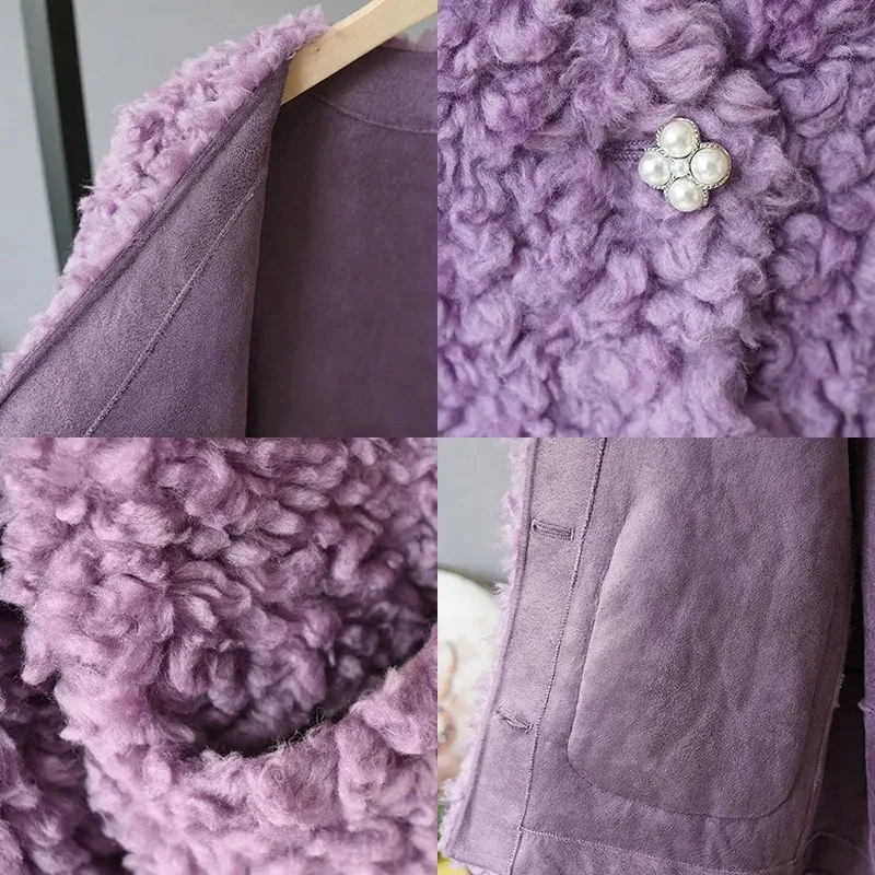 

Winter Vintage Lambswool Jacket Women Plus Size 4XL Elegant V-Neck Long Sleeve Short Fur Coat Korean Loose Pearl Button Outwear