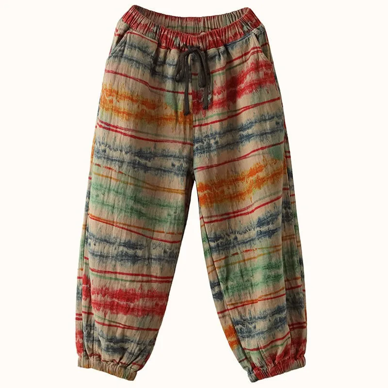 

2021 Spring New Arts Style Women Elastic Waist Loose Ankle-length Pants Vintage Dyeing Cotton Linen Harem Pants Femme V227