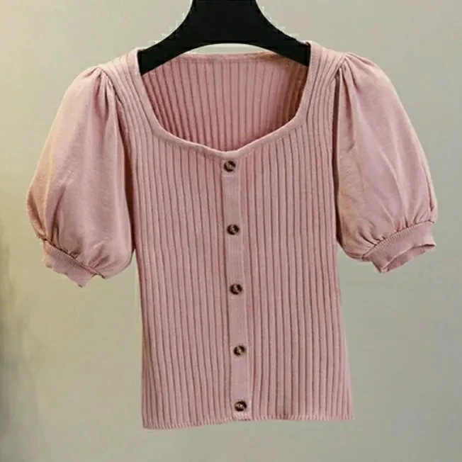 

Ice silk knitted short-sleeved t-shirt female summer bubble sleeves one word shoulder thin short white design sense niche top