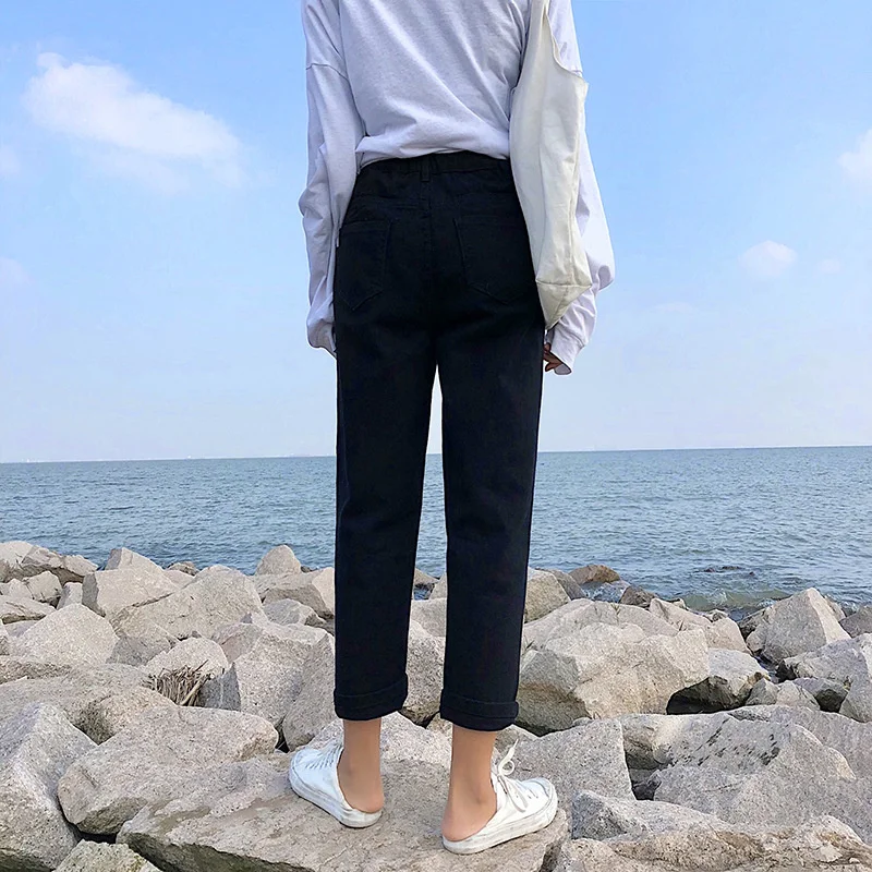 

Korean Chic High Waist Jeans Female Student Pants Elastic Waist Loose Straight Pants Plus Size Hole Jeans Pants for Women