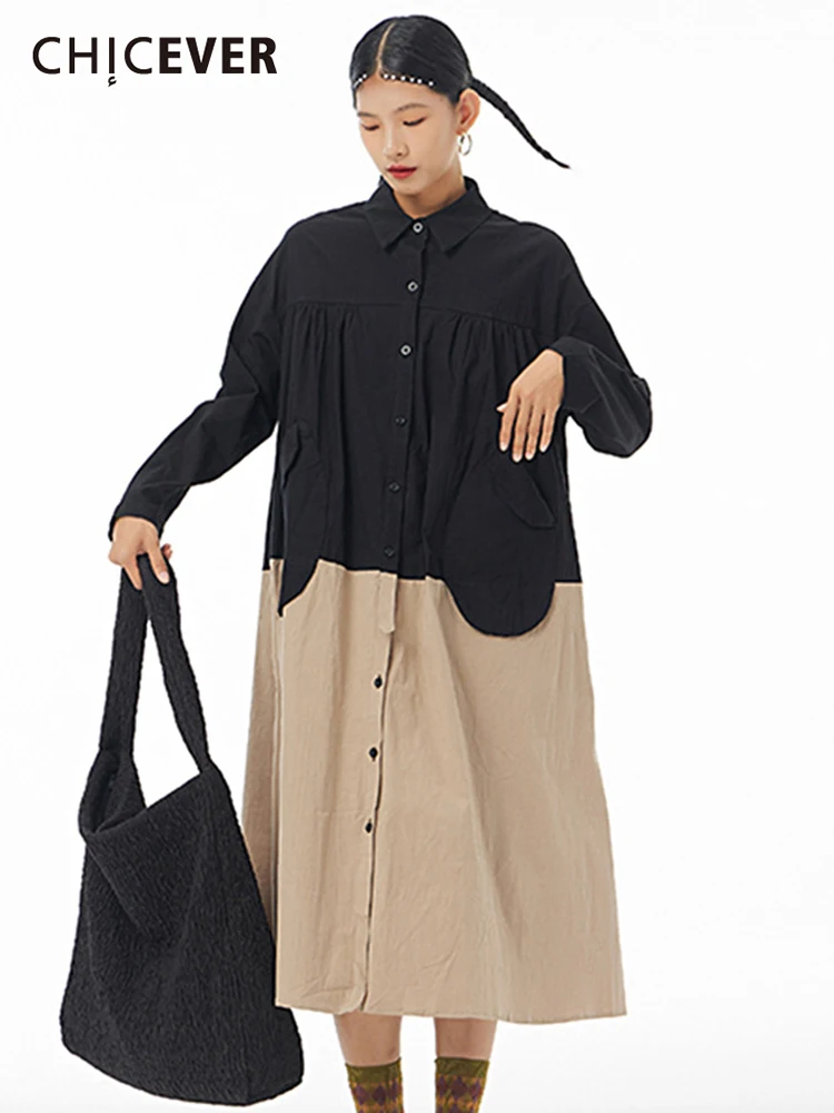 

CHICEVER цветное Повседневное платье для женщин с отворотом и длинным рукавом однобортное свободное платье миди Женская 2022 весенняя одежда Нов...