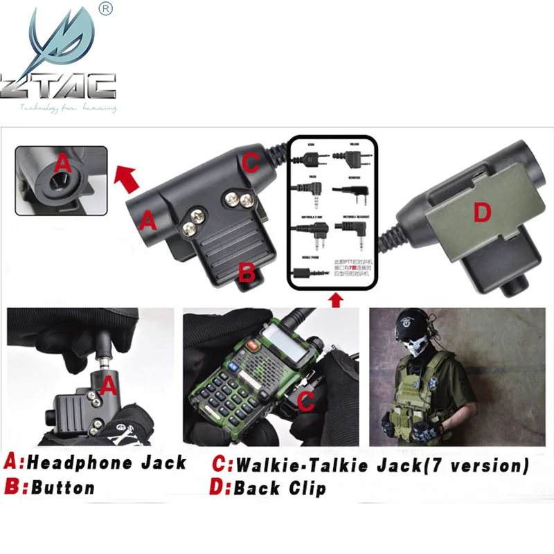 Z Tac U94 PTT тактическая гарнитура адаптер Motorola Plug Push To Talk Airsoft Midland Baofeng Z113|Тактические
