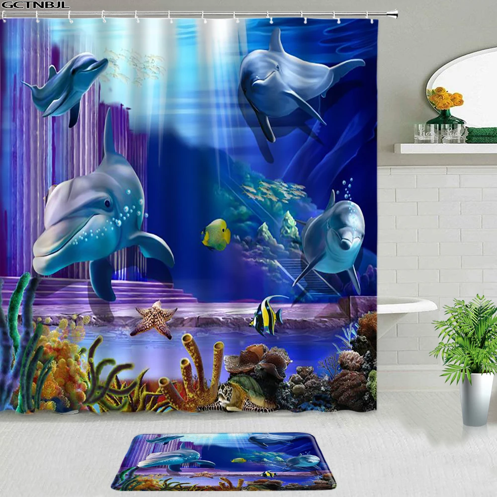 

Dolphin Shower Curtains Set Non-slip Rug Ocean Animal Underwater World Scenery Bath Mats Bathroom Decor Screen Entrance Door Mat