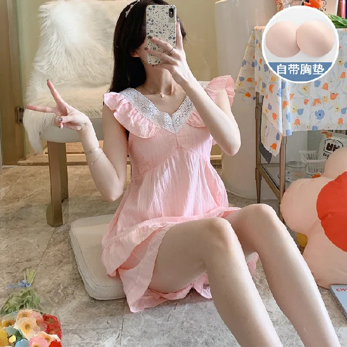 With Chest Pad Cotton Women's Pajamas Sets Summer Lace Nightwear Solid Color Sling Sweet Princess Home Suit Female Sleepwear
