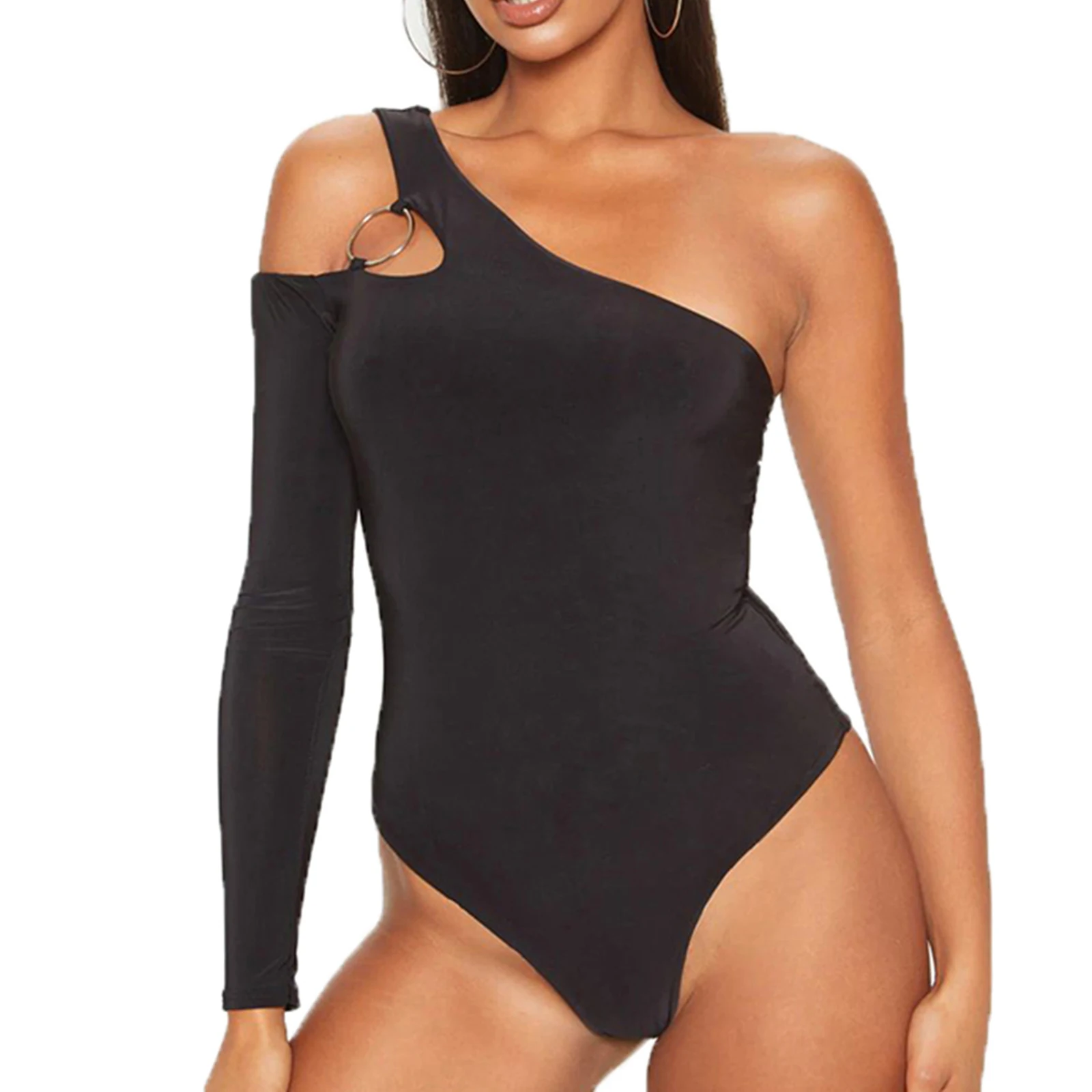 

Women 's Bodysuit, Solid Color Metal Ring Shoulder Strap Single Long Sleeve Jumpsuit for Female