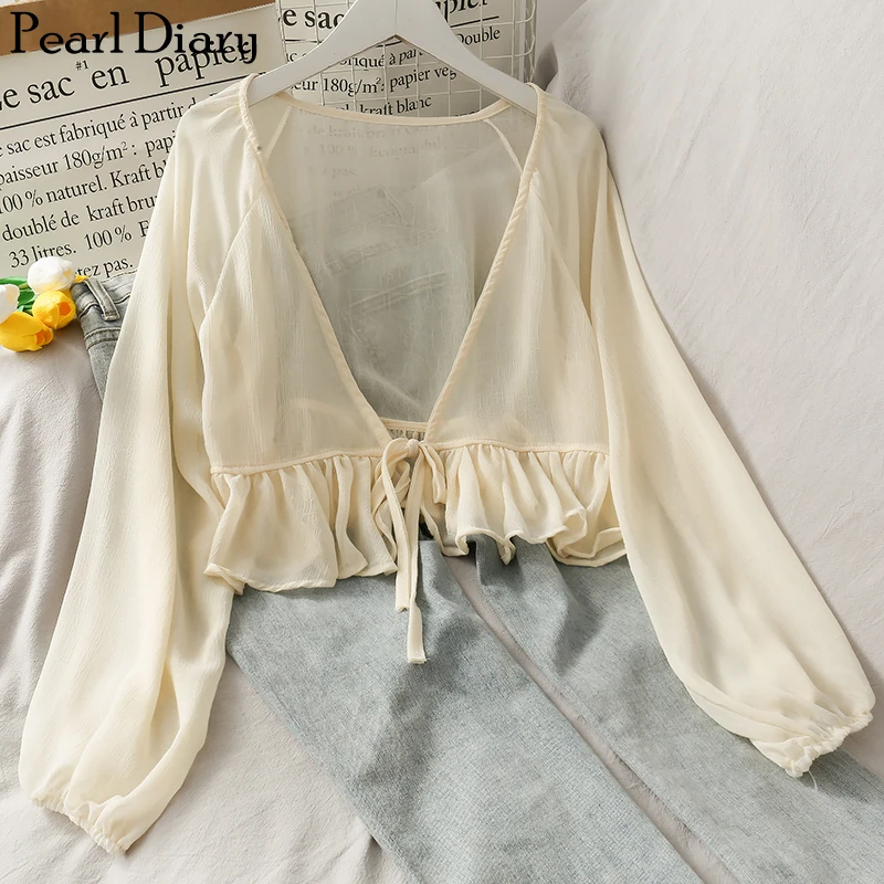 

Pearl Diary Women Draped Chiffon Blouse Blouson Sleeve Front Tie Waist Beach Cover Up Top Frill Hem Solid Textured Chiffon Top