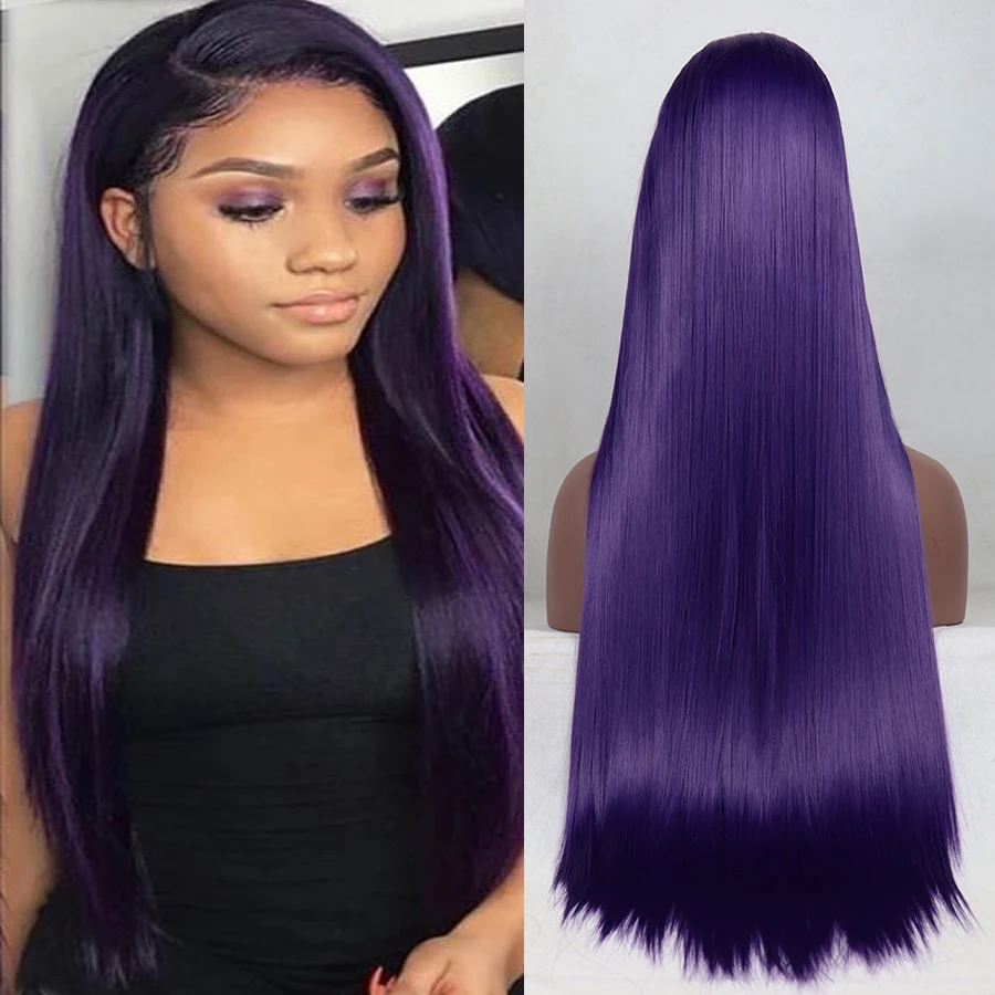 

ColoredPurple 26inch Long Silky Straight Synthetic Lace Front Wig For Black Women Babyhair Preplucked Cosplay Heat Resistant Wig