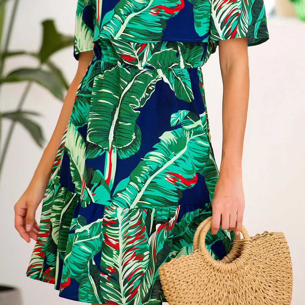 Модное повседневное плиссированное платье с открытыми плечами и принтом в виде