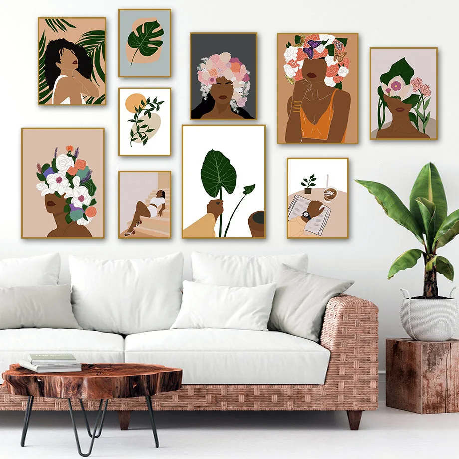 

Abstract Vintage Girl Flower Monstera Plant Leaf Boho Wall Art Canvas Painting Posters And Prints Pictures For Living Room Decor