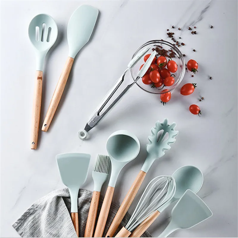 9/10/12PCS Silicone Cooking Utensils Set Non-stick Spatula Shovel Wooden Handle Tools With Storage Box Kitchen | Дом и сад