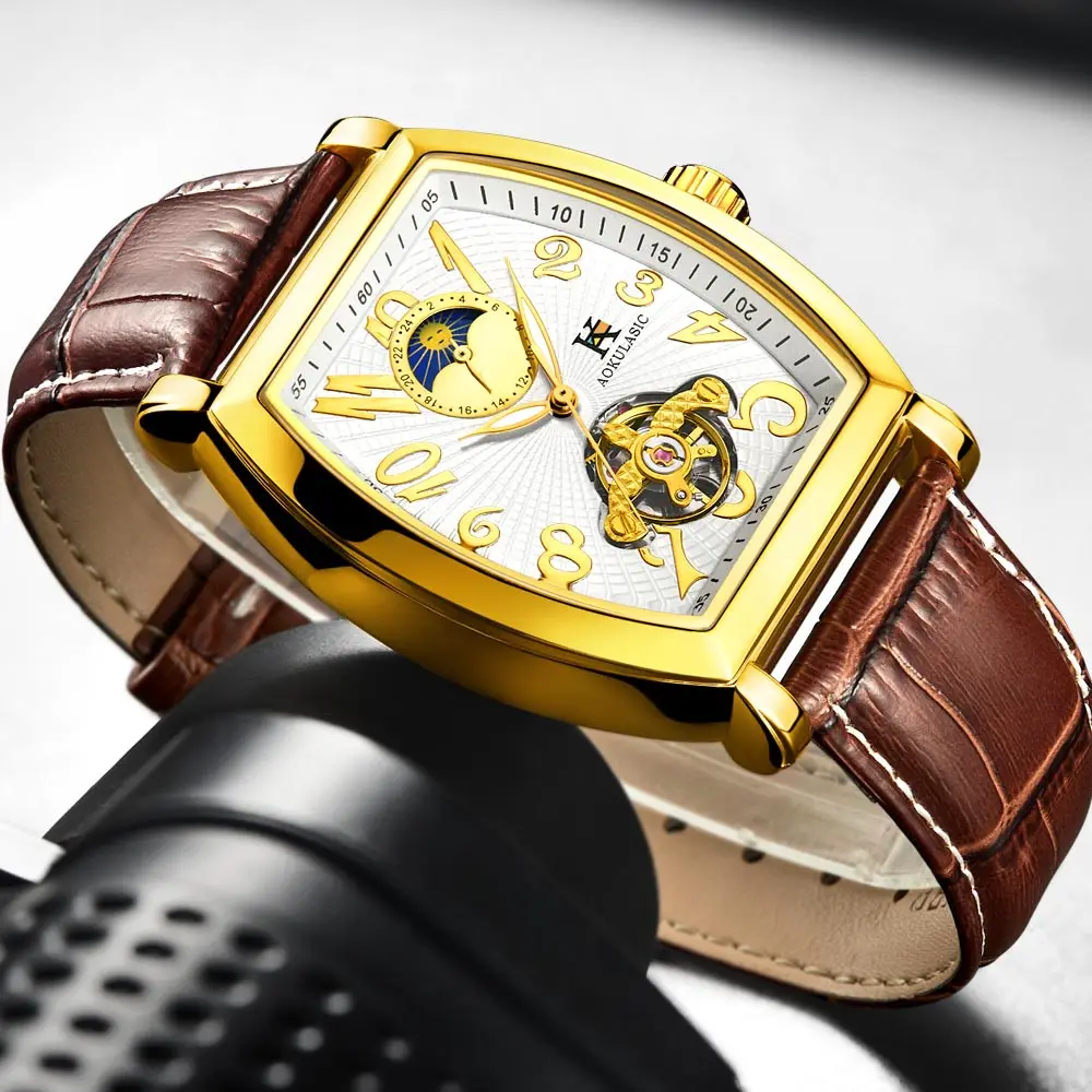 Мужские автоматические механические часы AOKULASIC Moonphase Gold Tonneau с ремешком из