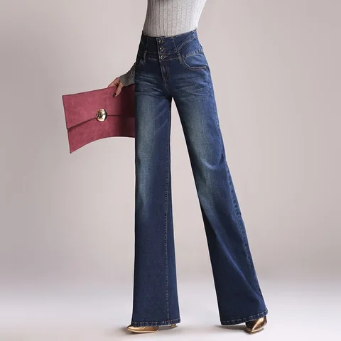 Женские осенние брюки с широкими штанинами, однобортные джинсы на пуговицах, женские Стрейчевые брюки-клеш с высокой талией, джинсы с эффектом потертости в стиле ретро