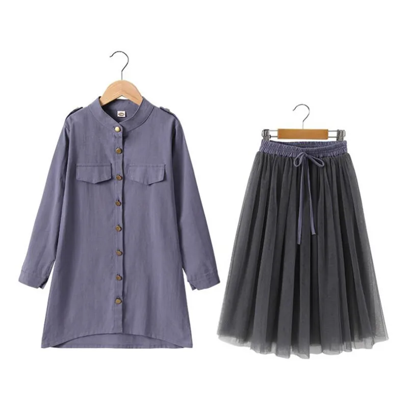 Осенняя одежда для девочек комплект из двух предметов платье-рубашка и юбка в